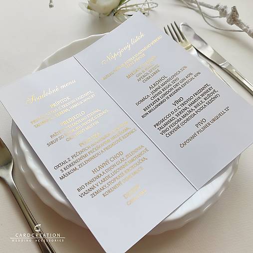 Svadobné menu skladacie, zlatý text
