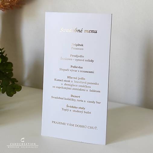 Svadobné menu skladacie, zlatý text