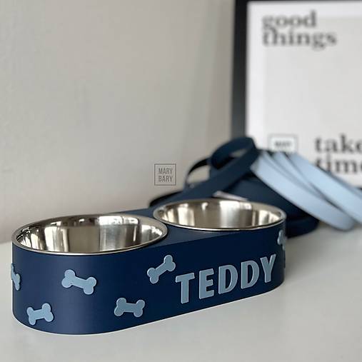 Pre zvieratá - Dvojmiska pre psa s menom / pre mačku s vlastným menom - Kostička (tmavomodrá) - 17806512_