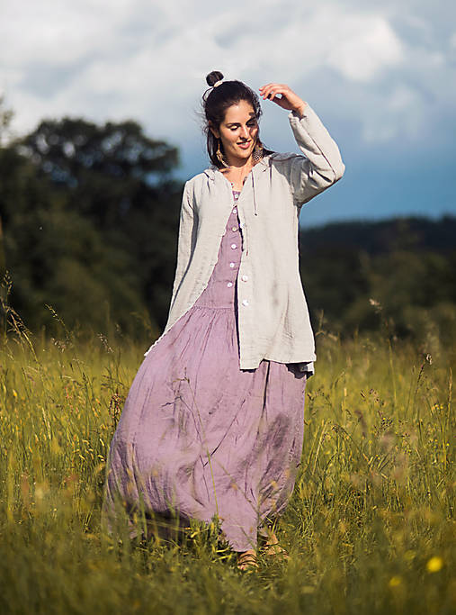 Mikiny - Lněná kabátek s kapucí a zapínáním  - 17810302_