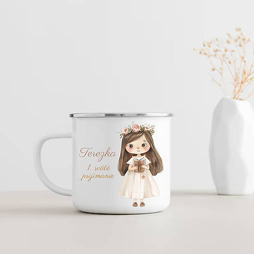 Nádoby - Smaltovaný hrnček na prvé sväté prijímanie (Dievča) - 17813060_