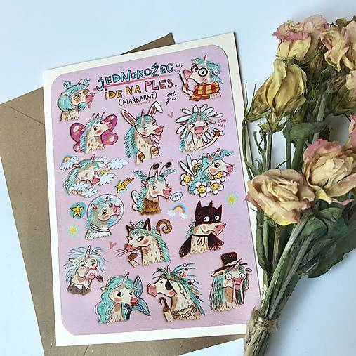 Papiernictvo - Jednorožci idú na ples - otváracia karta. - 17812328_