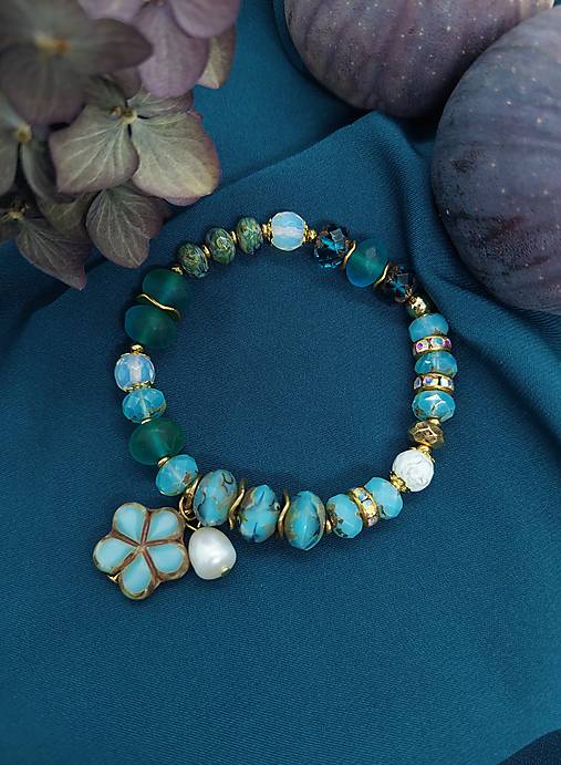 Náramky - Náramok boho aqua flower - 17812240_