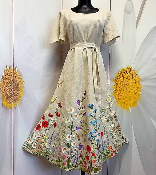 Šaty - Maľované ľanové šaty " Lúčne s makom, zvončekom, margarétkami a ďatelinkou"  - 17816139_