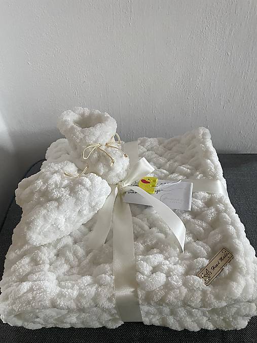 Detský textil - Deka z Alize Puffy 60x60cm + papučky 9x8cm (biela č. 055) - 17816109_