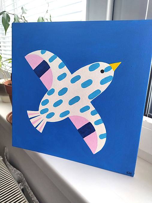 Obrazy - Obraz Harry – farebný vtáčik na modrom pozadí - 17819328_