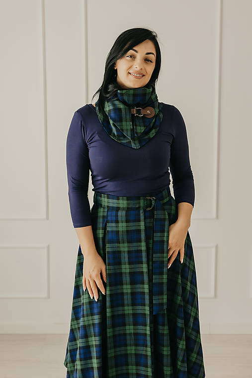 Šály a nákrčníky - Šatka káro tartanová so sponou zelená - 17819258_