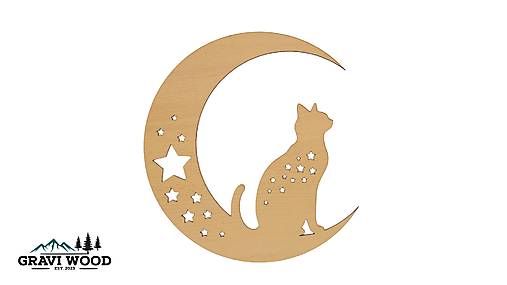 Obrazy - Drevený obraz na stenu „Mesiac s mačkou“ (Priemer: 28cm HDF - Buk) - 17821079_