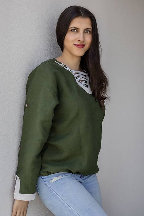 Blúzky a košele - Magda -ľanová košielka v machovej zelenej (XS- miery podľa konkrétneho zadania- po dohode - Zelená) - 17821498_