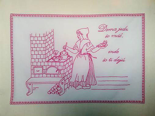 Úžitkový textil - Kuchynská plátená nástenka ručne vyšívaná "Doma jedz čo máš, inde čo ti dajú." (červená) - 17824291_