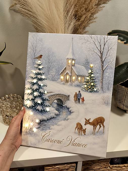 Svietiaci vianočný obraz Čarovné Vianoce – kostolík, srnky, zimná krajinka