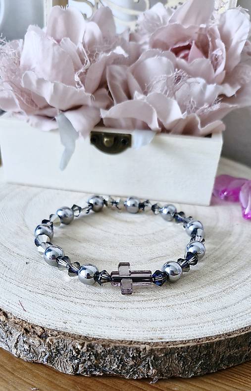 Ruženec na ruku silver black 