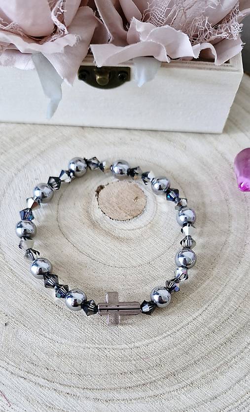 Ruženec na ruku silver black 