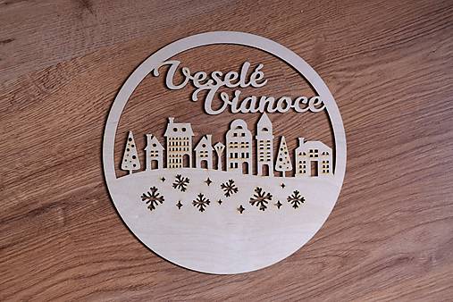 Dekorácie - Drevený výrez Veselé Vianoce v tvare kruhu pre ďalšiu tvorbu - 17829601_