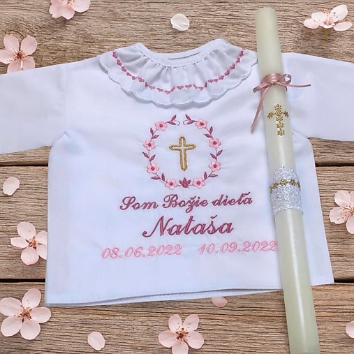 Detské oblečenie - Košieľka na krst K01 dve ružové a sviečka na krst zlatý krížik so staroružovou - 17834988_