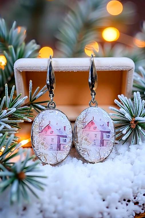 Náušnice - Zimné náušnice s domčekom, nerezová oceľ - 17835025_