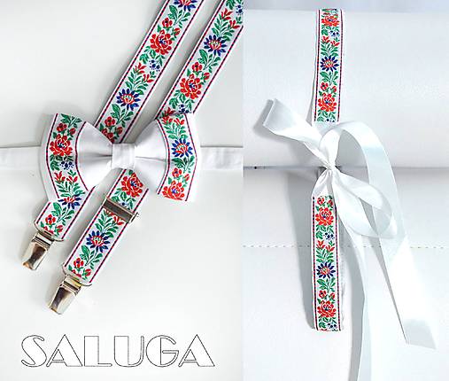 Pánske doplnky - Set pre pár - folklórny pánsky motýlik + traky + dámsky opasok - biely - ľudový - 17840062_