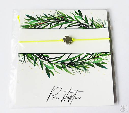 Náramky - Žltý náramok so štvorlístkom s textom pre šťastie - 17843373_