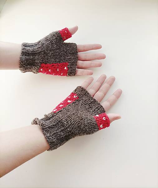 Rukavice - Bezprstové hnedé s červenou 1 - 17844910_