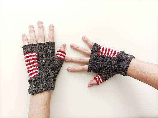 Rukavice - Bezprstové hnedé s červenou 2 - 17844932_