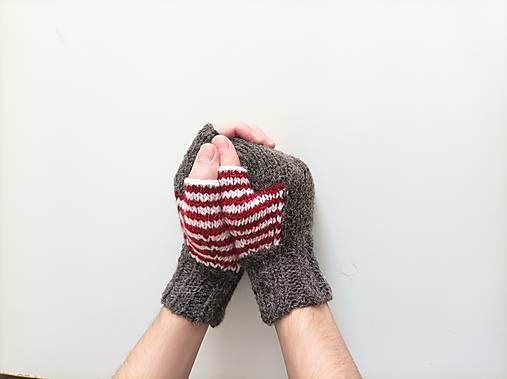 Rukavice - Bezprstové hnedé s červenou 3 - 17844934_