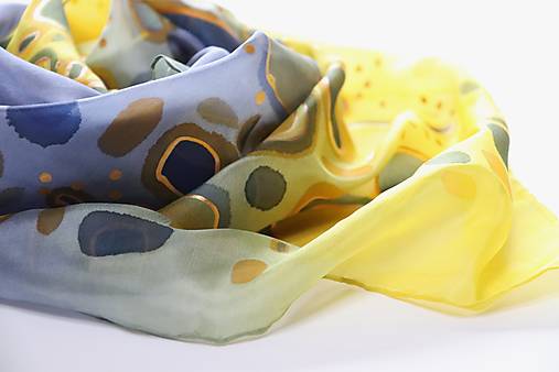 Šatky - maľovaná hodvábna šatka MOZAIKA MODRO-ŽLTÁ - 17844998_