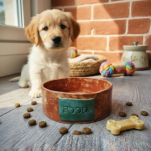 Nádoby - Keramická miska pre domácich miláčikov – hnedá so zeleným detailom - 17844997_