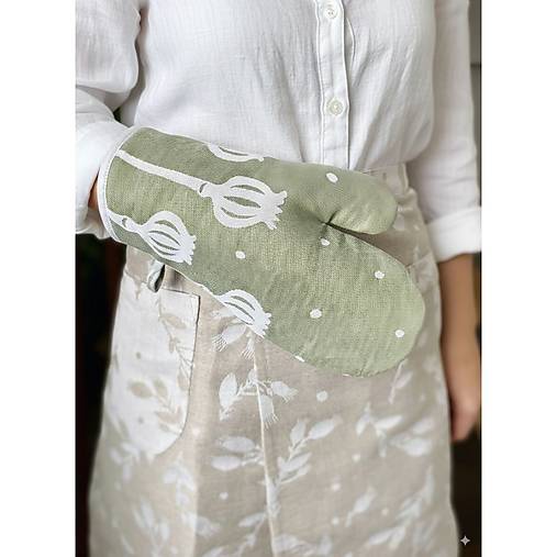 Úžitkový textil - Ľanová kuchynská rukavica  (olivová Makovičky) - 17844292_