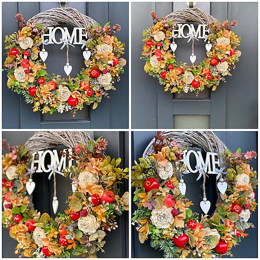 Jesenný veniec L 40cm na sivom prútenom základe dekorácia na dvere Venček J4