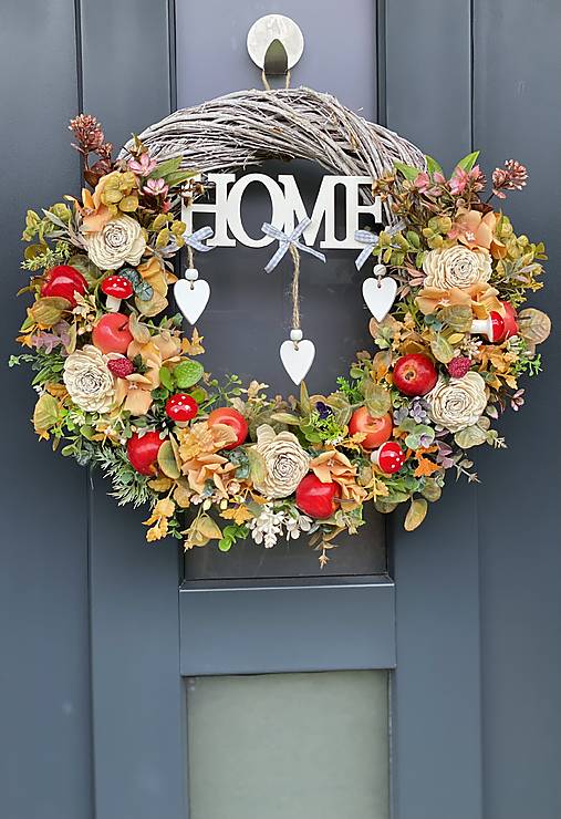 Jesenný veniec L 40cm na sivom prútenom základe dekorácia na dvere Venček J4
