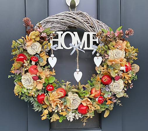 Jesenný veniec L 40cm na sivom prútenom základe dekorácia na dvere Venček J4