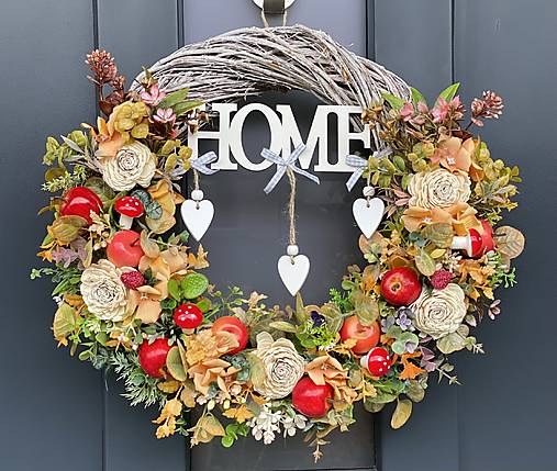 Jesenný veniec L 40cm na sivom prútenom základe dekorácia na dvere Venček J4