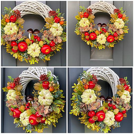 Jesenný veniec na bielom prútenom základe dekorácia na dvere 35cm Venček J2