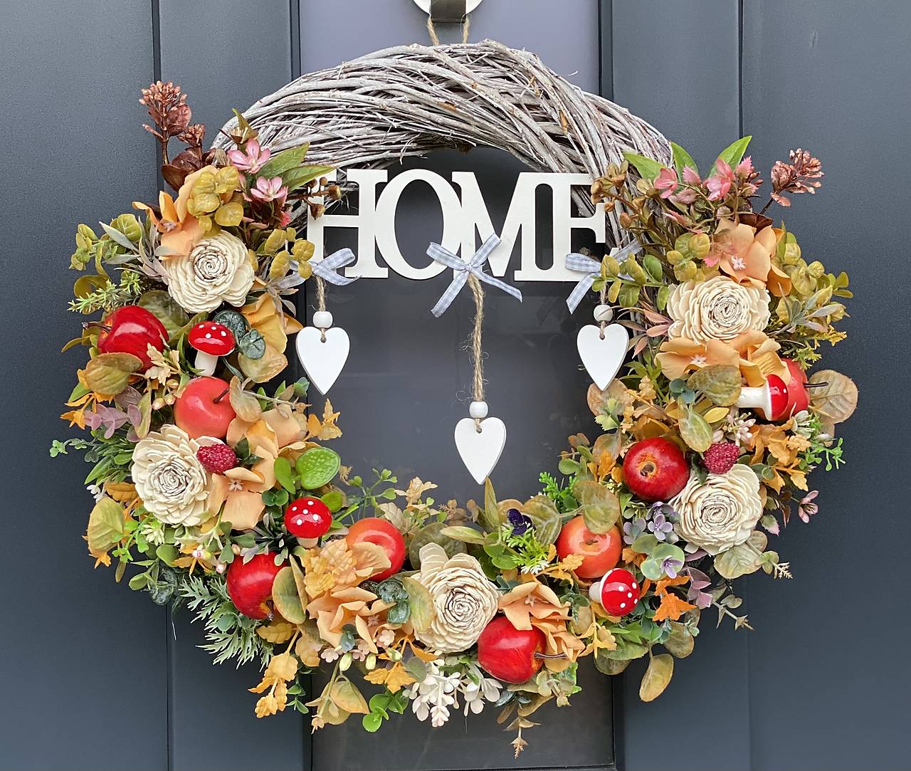 Jesenný veniec L 40cm na sivom prútenom základe dekorácia na dvere Venček J4