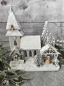 Dekorácie - Drevený svietiaci vianočný kostolík s Betlehemom - 17847497_