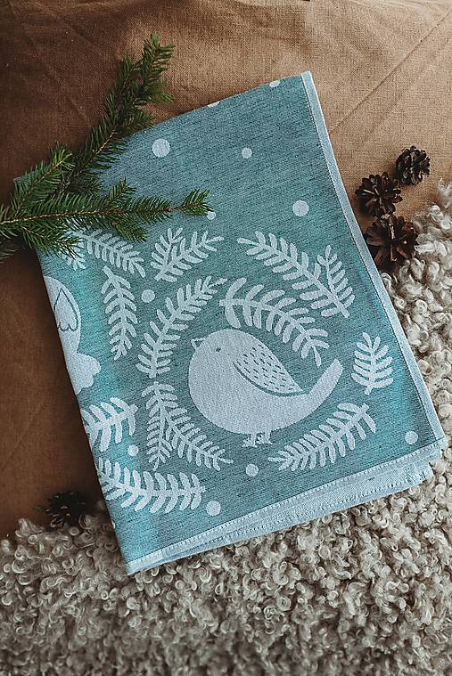 Úžitkový textil - Ľanová kuchynská utierka Vtáčiky (tmavozelená) - 17847180_