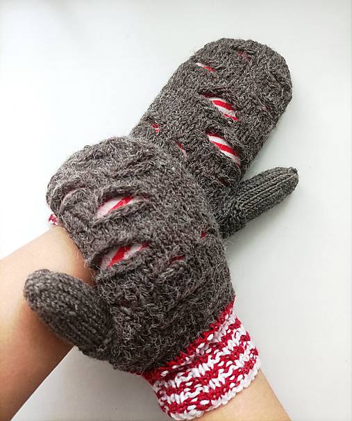 Rukavice - Palčiaky šedohnede s  červenou - 17849668_