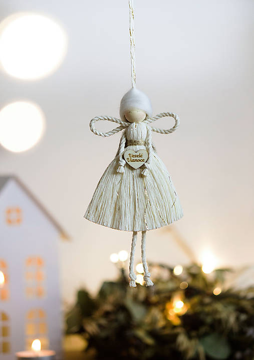 Dekorácie - Anjel "Veselé Vianoce" v krabičke (pozlátený) - 17852505_