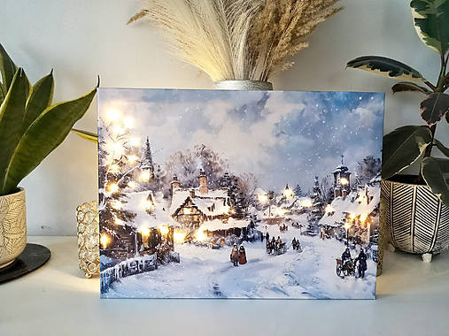 Svietiaci vianočný obraz – Zimná dedinka (40 × 30 cm)