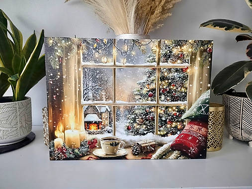 Svietiaci vianočný obraz – Vianočný pohľad z okna (40 × 30 cm)