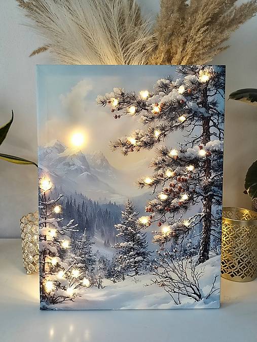 Svietiaci vianočný obraz – Zimná krajina s horami (40 × 30 cm)
