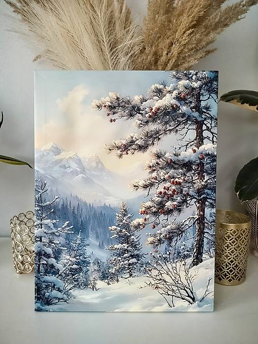 Svietiaci vianočný obraz – Zimná krajina s horami (40 × 30 cm)