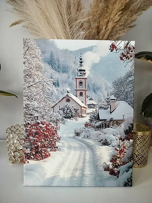 Svietiaci vianočný obraz – Zimná dedina s kostolíkom
