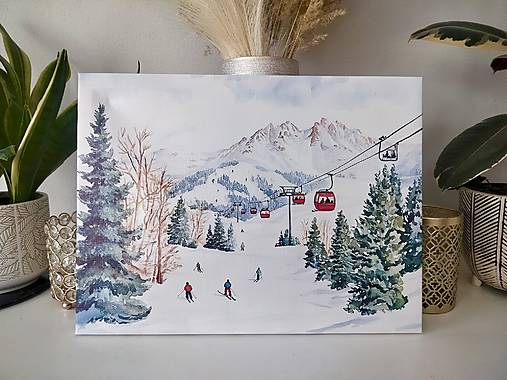 Svietiaci vianočný obraz – Lyžiarsky svah v horách (40 × 30 cm)