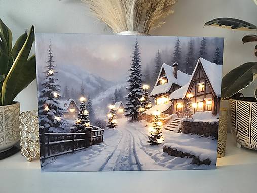 Svietiaci vianočný obraz – Horské chalúpky v zime (40 × 30 cm)