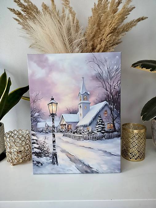 Svietiaci vianočný obraz – Kostolík v zimnom podvečeri (40 × 30 cm)