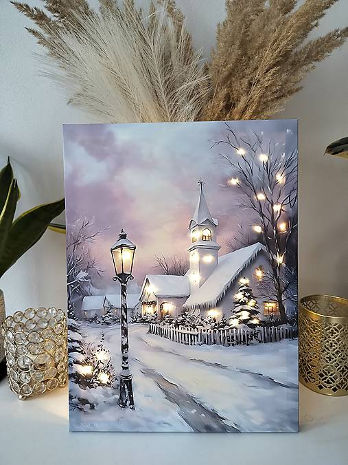 Svietiaci vianočný obraz – Kostolík v zimnom podvečeri (40 × 30 cm)