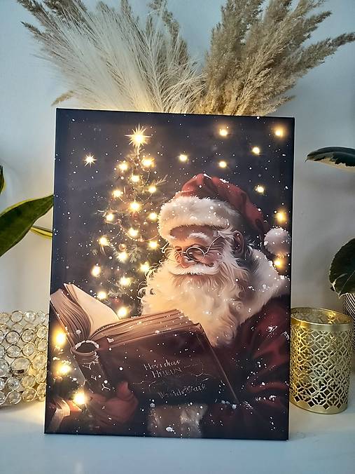 Svietiaci vianočný obraz – Mikuláš pri vianočnom stromčeku (40 × 30 cm)