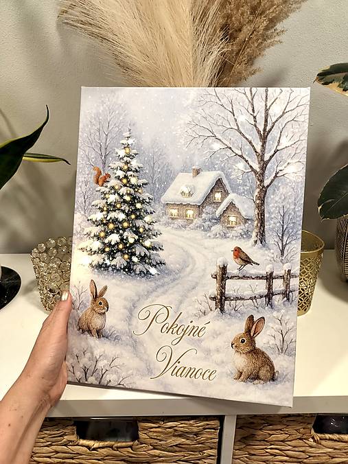Svietiaci vianočný obraz Pokojné Vianoce - Chalúpka so zajačikmi (40x30)