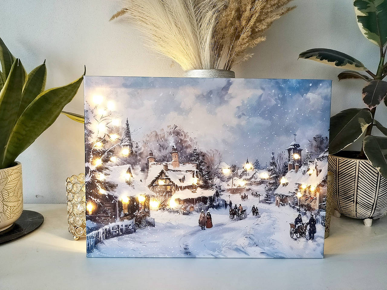 Svietiaci vianočný obraz – Zimná dedinka (40 × 30 cm)
